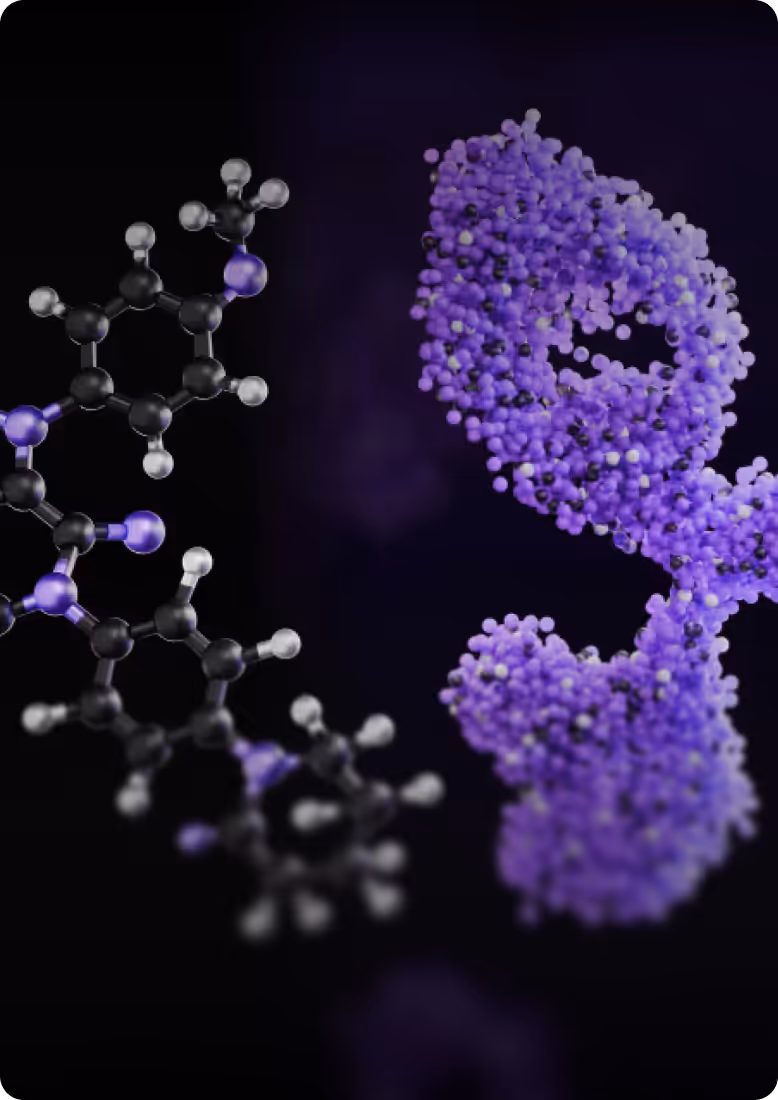 Black and purple molecular structure model with a complex, spherical purple cluster on a black background.